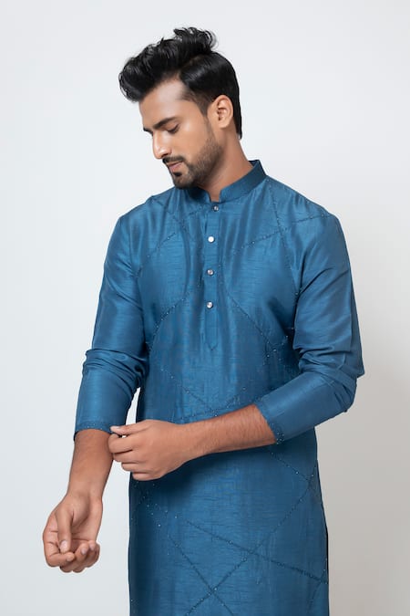 Yoseba_Blue Linen, Satin, Cotton Cut Work, Embroidery Neelmani Kurta With Pant _at_Aza_Fashions