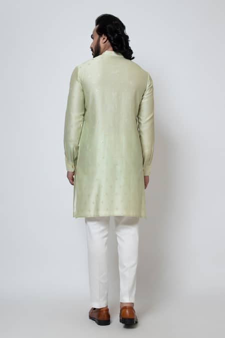 Shop Yoseba Green Chanderi, Cotton Sequins Silk Buttercup Embroidered Kurta With Pant at Aza Fashions Shop_Yoseba_Green Chanderi, Cotton Sequins Silk Buttercup Embroidered Kurta With Pant _at_Aza_Fashions