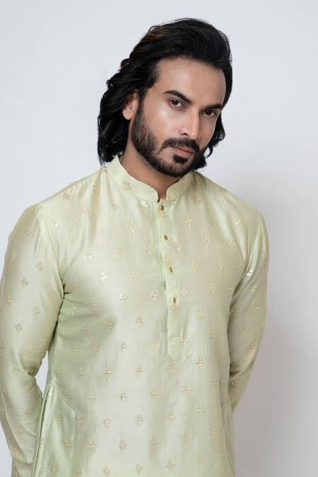 Shop Yoseba Green Chanderi, Cotton Sequins Silk Buttercup Embroidered Kurta With Pant Online at Aza Fashions Shop_Yoseba_Green Chanderi, Cotton Sequins Silk Buttercup Embroidered Kurta With Pant _Online_at_Aza_Fashions