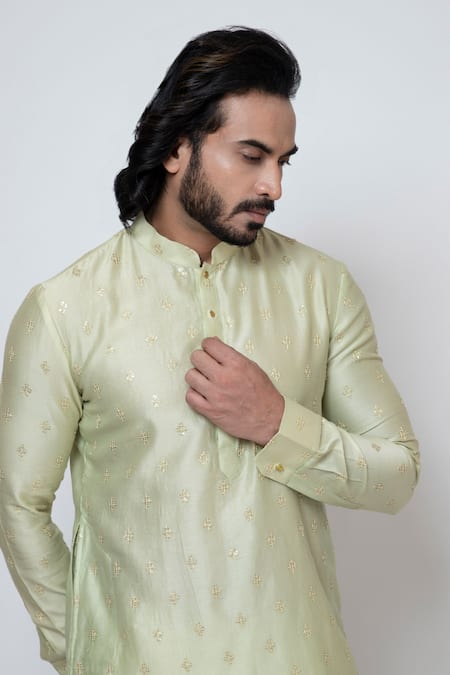 Yoseba Green Chanderi, Cotton Sequins Silk Buttercup Embroidered Kurta With Pant at Aza Fashions Yoseba_Green Chanderi, Cotton Sequins Silk Buttercup Embroidered Kurta With Pant _at_Aza_Fashions