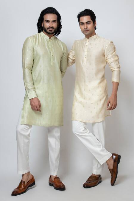 Buy Yoseba Green Chanderi, Cotton Sequins Silk Buttercup Embroidered Kurta With Pant Buy_Yoseba_Green Chanderi, Cotton Sequins Silk Buttercup Embroidered Kurta With Pant