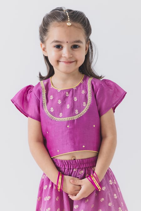 BOTEH_Purple Chanderi Lace, Embroidery Floral Lehenga Set _Online_at_Aza_Fashions