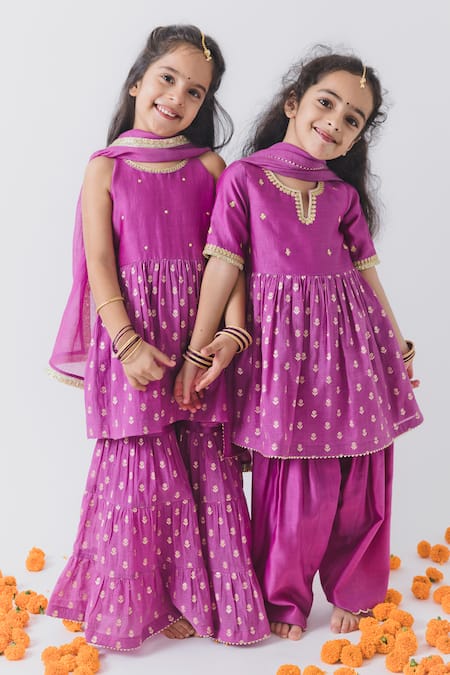 Buy_BOTEH_Purple Chanderi Embroidery Floral Peplum Kurta Set _Online_at_Aza_Fashions