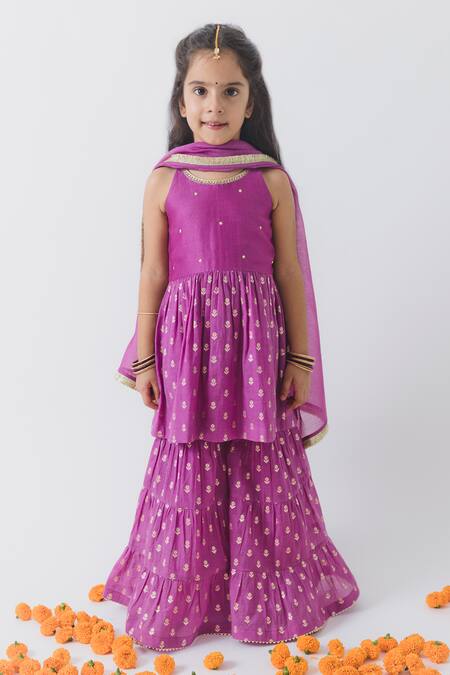 Shop_BOTEH_Purple Chanderi Embroidery Floral Peplum Kurta Set _Online_at_Aza_Fashions