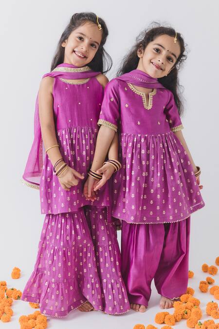 Buy_BOTEH_Purple Chanderi Embroidery Floral Kurta Salwar Set _Online_at_Aza_Fashions