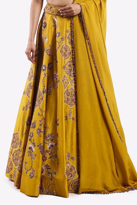 Onaya Yellow Crepe Sequins, Zari, Embroidery Plunge Neck Floral Lehenga Set Online at Aza Fashions Onaya_Yellow Crepe Sequins, Zari, Embroidery Plunge Neck Floral Lehenga Set _Online_at_Aza_Fashions
