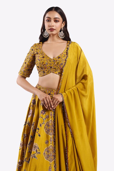 Buy Onaya Yellow Crepe Sequins, Zari, Embroidery Plunge Neck Floral Lehenga Set Online at Aza Fashions Buy_Onaya_Yellow Crepe Sequins, Zari, Embroidery Plunge Neck Floral Lehenga Set _Online_at_Aza_Fashions
