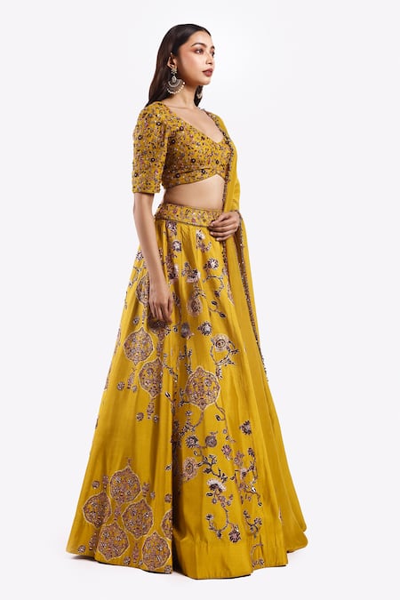 Onaya Yellow Crepe Sequins, Zari, Embroidery Plunge Neck Floral Lehenga Set at Aza Fashions Onaya_Yellow Crepe Sequins, Zari, Embroidery Plunge Neck Floral Lehenga Set _at_Aza_Fashions