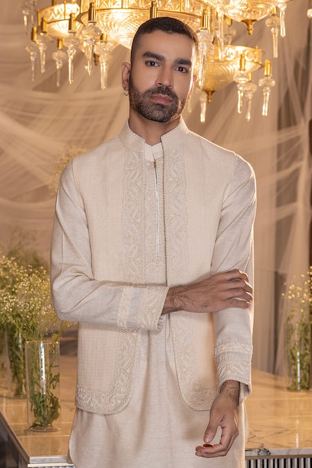 Amit Arora Embroidered Crochet Waistcoat With Aligarhi Set 