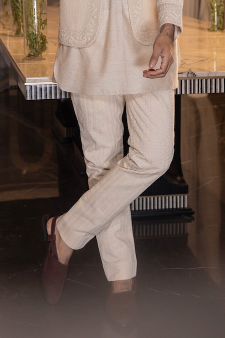 Amit Arora_Black Silk, Cotton Beads, Embroidery Crochet Waistcoat With Aligarhi Set _Online_at_Aza_Fashions