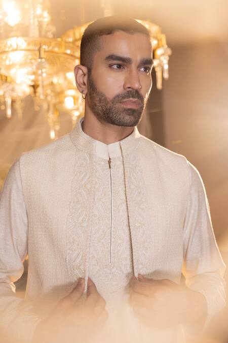 Buy_Amit Arora_Black Silk, Cotton Beads, Embroidery Crochet Waistcoat With Aligarhi Set _Online_at_Aza_Fashions