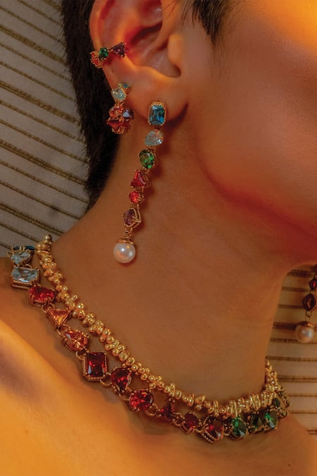 Arvino_Gold Plated Pearls, Crystals Chromatic Cascade Danglers _at_Aza_Fashions