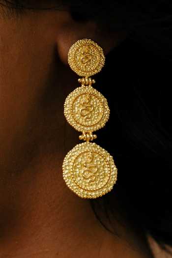 Buy Arvino Gold Plated Embroidery Serpent Embossed Triple Coin Carved Earrings at Aza Fashions Buy_Arvino_Gold Plated Embroidery Serpent Embossed Triple Coin Carved Earrings _at_Aza_Fashions