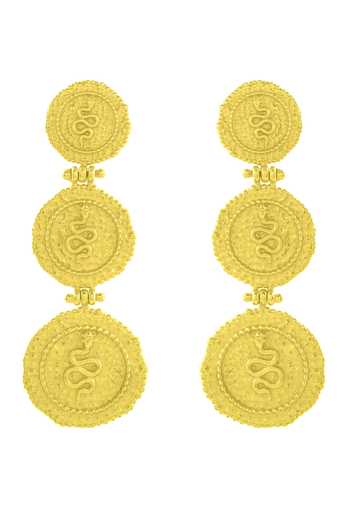 Shop Arvino Gold Plated Embroidery Serpent Embossed Triple Coin Carved Earrings at Aza Fashions Shop_Arvino_Gold Plated Embroidery Serpent Embossed Triple Coin Carved Earrings _at_Aza_Fashions