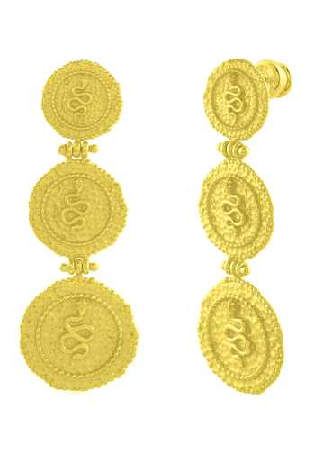 Arvino Gold Plated Embroidery Serpent Embossed Triple Coin Carved Earrings Online at Aza Fashions Arvino_Gold Plated Embroidery Serpent Embossed Triple Coin Carved Earrings _Online_at_Aza_Fashions
