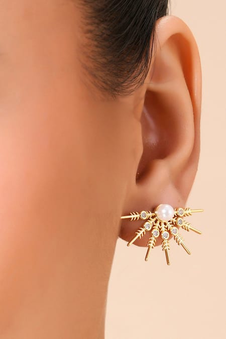 Arvino_Gold Plated Crystals, Pearls Luminescent Star Studs _Online_at_Aza_Fashions