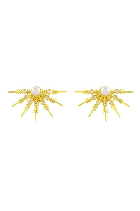 Shop_Arvino_Gold Plated Crystals, Pearls Luminescent Star Studs _Online_at_Aza_Fashions