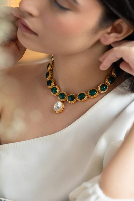 Do Taara_Green Stones Kundan Choker With Earrings _Online_at_Aza_Fashions