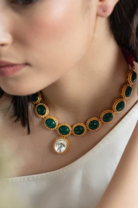 Buy_Do Taara_Green Stones Kundan Choker With Earrings _Online_at_Aza_Fashions