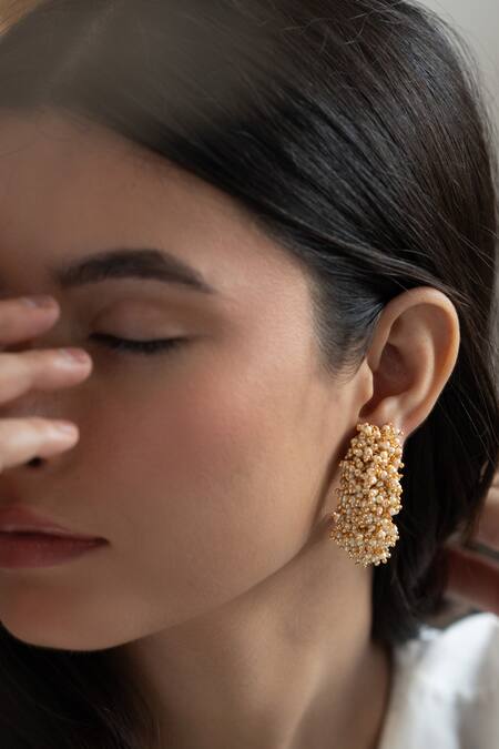 Do Taara Gold Plated Pearls Tassel Embellished Half Hoops Online at Aza Fashions Do Taara_Gold Plated Pearls Tassel Embellished Half Hoops _Online_at_Aza_Fashions