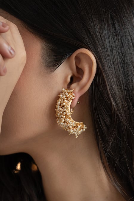 Shop Do Taara Gold Plated Pearls Tassel Embellished Half Hoops Online at Aza Fashions Shop_Do Taara_Gold Plated Pearls Tassel Embellished Half Hoops _Online_at_Aza_Fashions