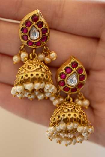 Do Taara_Red Pearls Kundan Paisley Embellished Jhumkas _Online_at_Aza_Fashions