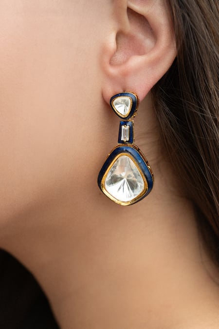 Do Taara_Blue Crystals Polki Embellished Drop Earrings _Online_at_Aza_Fashions