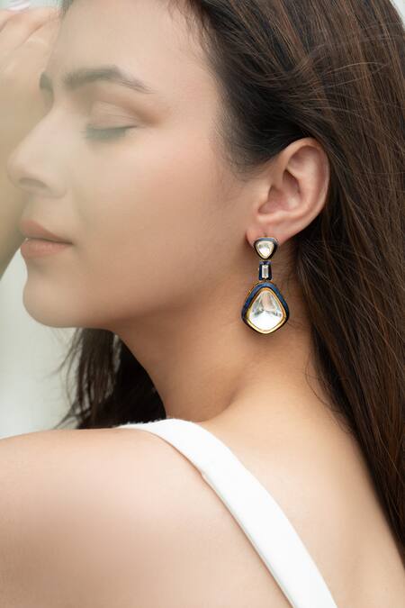 Buy_Do Taara_Blue Crystals Polki Embellished Drop Earrings _Online_at_Aza_Fashions