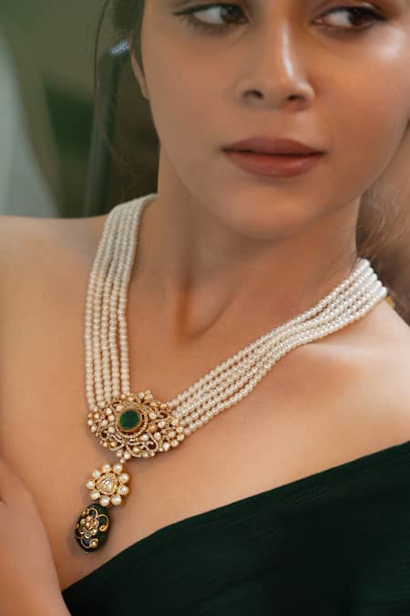 Do Taara Polki Embellished Floral Pearl Necklace 