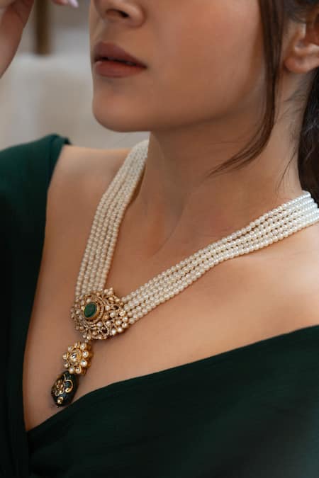 Do Taara_Green Polki Embellished Floral Pearl Necklace _Online_at_Aza_Fashions