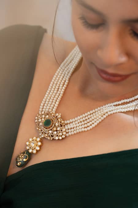 Buy_Do Taara_Green Polki Embellished Floral Pearl Necklace _Online_at_Aza_Fashions