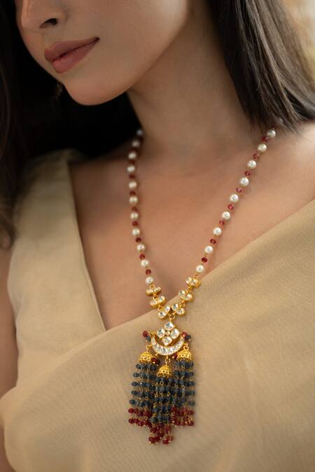 Buy_Do Taara_Grey Kundan And Onyx Stone Embellished Necklace _Online_at_Aza_Fashions