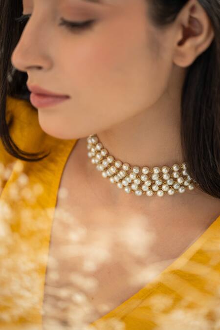 Buy_Do Taara_White Pearl Embellished Multistrand Choker Necklace _Online_at_Aza_Fashions