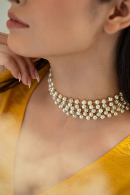 Shop_Do Taara_White Pearl Embellished Multistrand Choker Necklace _Online_at_Aza_Fashions