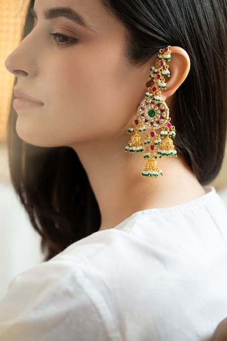 Shop Do Taara Red Pearls Kundan And Embellished Earrings at Aza Fashions Shop_Do Taara_Red Pearls Kundan And Embellished Earrings _at_Aza_Fashions