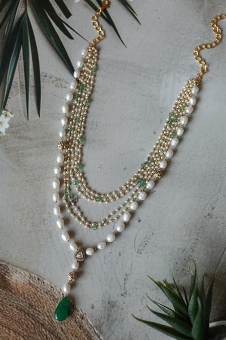 Shop_Do Taara_Gold Plated Layered Pearl Embellished Necklace _at_Aza_Fashions