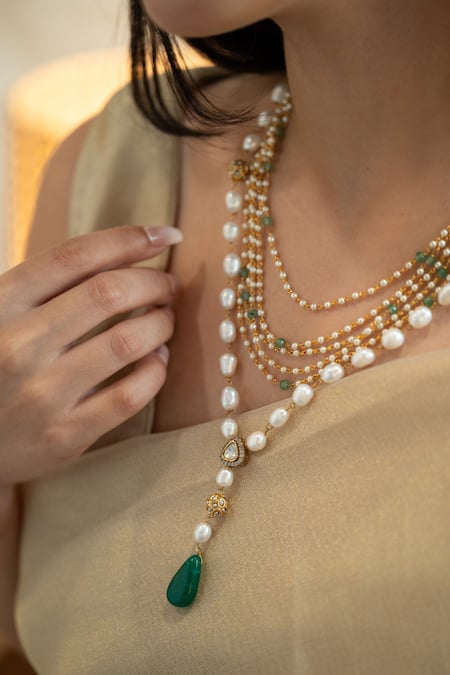 Do Taara_Gold Plated Layered Pearl Embellished Necklace _Online_at_Aza_Fashions