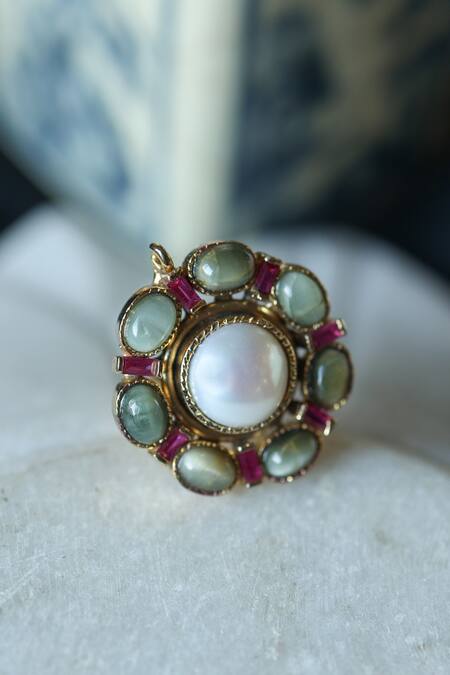 Shop_Do Taara_Red Pearls Garnet Stone Embellished Floral Ring_at_Aza_Fashions