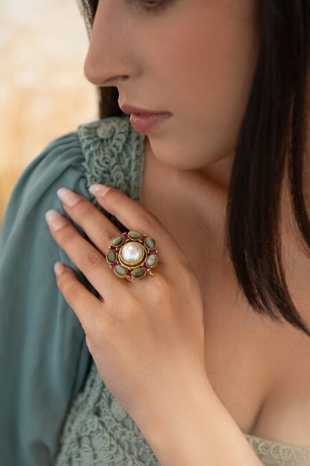 Buy_Do Taara_Red Pearls Garnet Stone Embellished Floral Ring_Online_at_Aza_Fashions