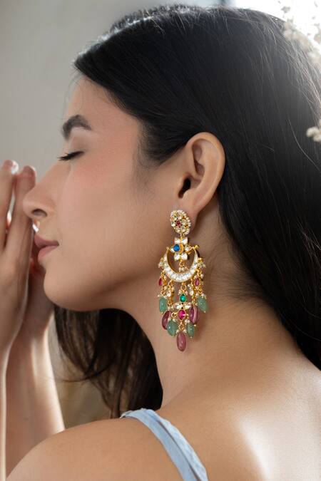 Buy_Do Taara_Multi Color Pearls, Stones Floral Kundan Embellished Earrings _Online_at_Aza_Fashions