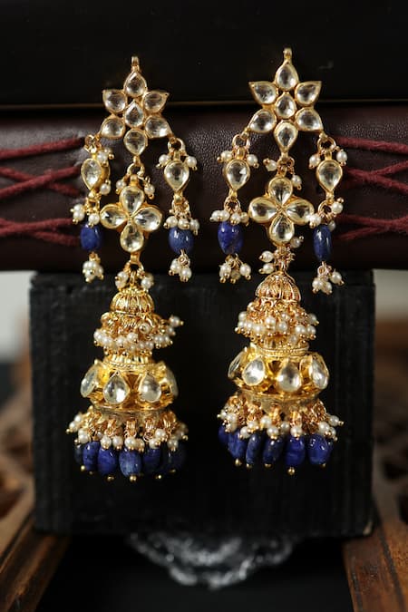 Shop Do Taara Blue Stones Kundan And Lapis Lazuli Embellished Earrings at Aza Fashions Shop_Do Taara_Blue Stones Kundan And Lapis Lazuli Embellished Earrings _at_Aza_Fashions