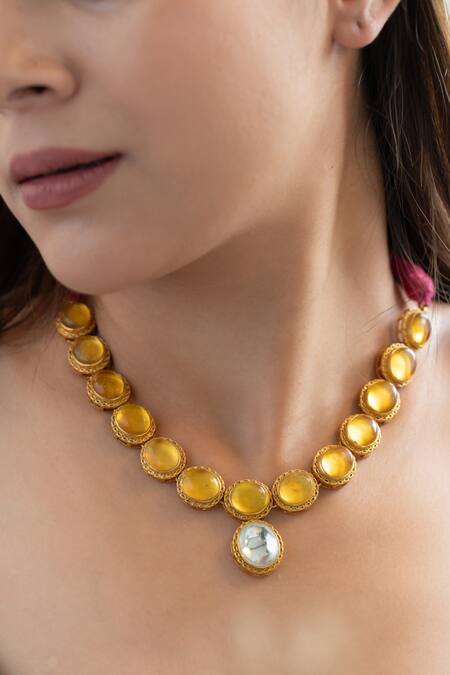 Do Taara_Yellow Imitation Diamonds Kundan Embellished Pendant Necklace Set _Online_at_Aza_Fashions