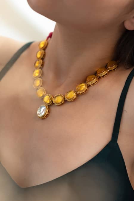 Shop_Do Taara_Yellow Imitation Diamonds Kundan Embellished Pendant Necklace Set _Online_at_Aza_Fashions