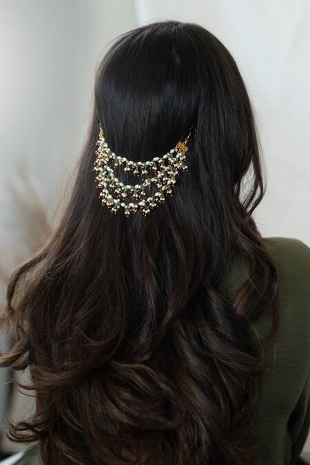 Do Taara_Green Pearls, Beads Embellished Braid Pin _Online_at_Aza_Fashions