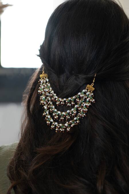 Buy_Do Taara_Green Pearls, Beads Embellished Braid Pin _Online_at_Aza_Fashions