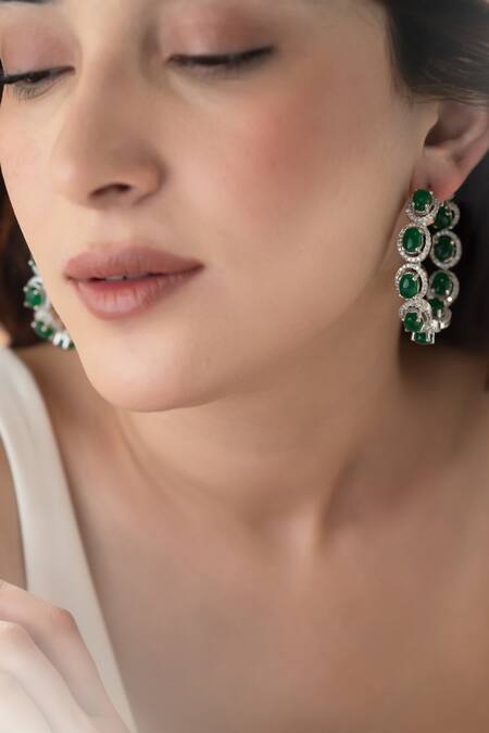 Do Taara_Emerald Green Stones Studded Hoops_Online_at_Aza_Fashions