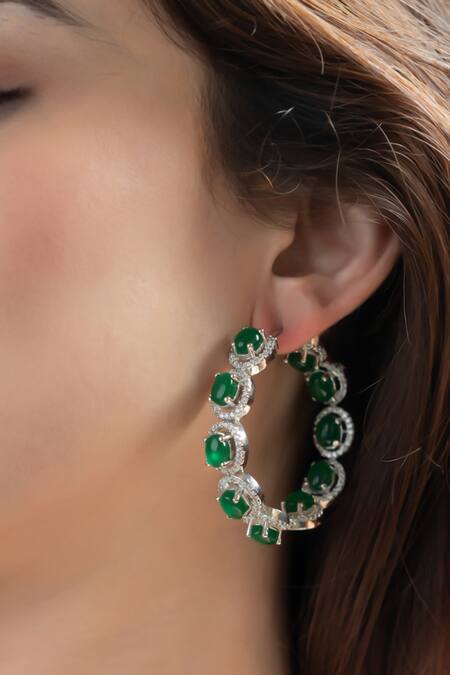 Shop_Do Taara_Emerald Green Stones Studded Hoops_Online_at_Aza_Fashions