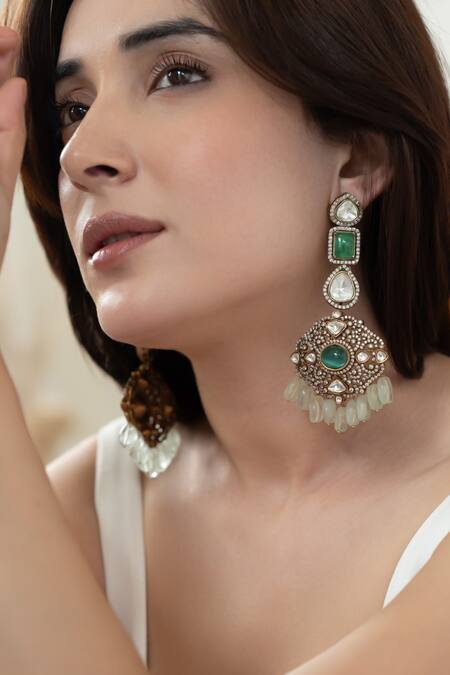 Do Taara_Green Crystals, Diamonds, Stones Victorian Polki Embellished Earrings _Online_at_Aza_Fashions