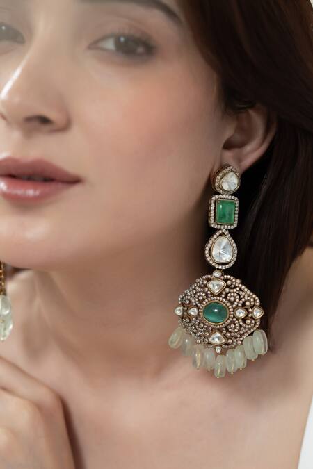Buy_Do Taara_Green Crystals, Diamonds, Stones Victorian Polki Embellished Earrings _Online_at_Aza_Fashions