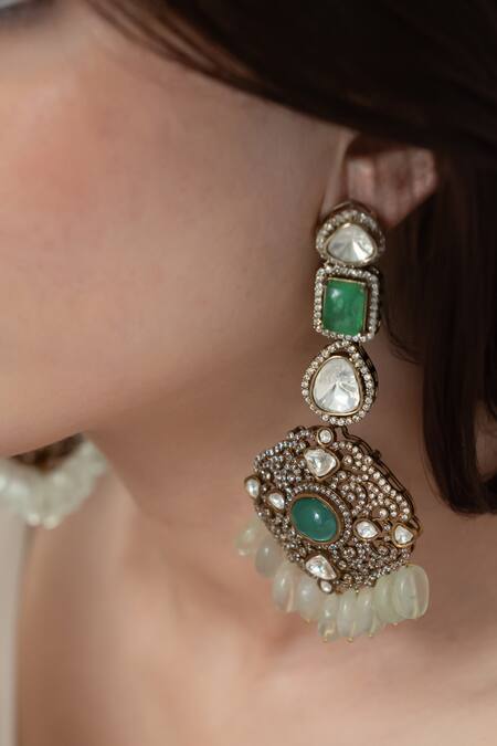 Shop_Do Taara_Green Crystals, Diamonds, Stones Victorian Polki Embellished Earrings _Online_at_Aza_Fashions